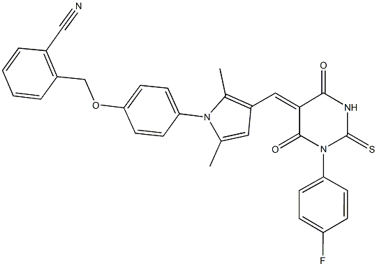 2-[(4-{3-[(1-(4-fluorophenyl)-4,6-dioxo-2-thioxotetrahydro-5(2H)-pyrimidinylidene)methyl]-2,5-dimethyl-1H-pyrrol-1-yl}phenoxy)methyl]benzonitrile Struktur