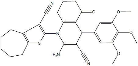 2-amino-1-(3-cyano-5,6,7,8-tetrahydro-4H-cyclohepta[b]thien-2-yl)-5-oxo-4-(3,4,5-trimethoxyphenyl)-1,4,5,6,7,8-hexahydroquinoline-3-carbonitrile Struktur