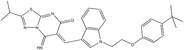 6-({1-[2-(4-tert-butylphenoxy)ethyl]-1H-indol-3-yl}methylene)-5-imino-2-isopropyl-5,6-dihydro-7H-[1,3,4]thiadiazolo[3,2-a]pyrimidin-7-one Struktur