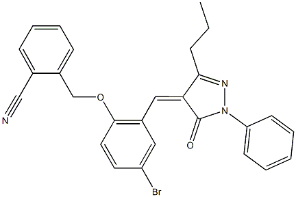 2-({4-bromo-2-[(5-oxo-1-phenyl-3-propyl-1,5-dihydro-4H-pyrazol-4-ylidene)methyl]phenoxy}methyl)benzonitrile Struktur