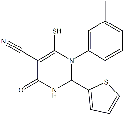 1-(3-methylphenyl)-4-oxo-6-sulfanyl-2-(2-thienyl)-1,2,3,4-tetrahydro-5-pyrimidinecarbonitrile Struktur