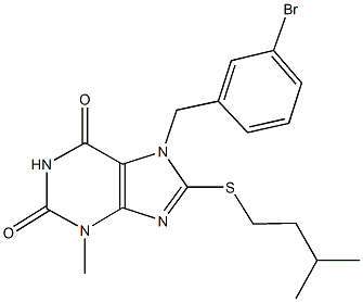 7-(3-bromobenzyl)-8-(isopentylsulfanyl)-3-methyl-3,7-dihydro-1H-purine-2,6-dione Struktur