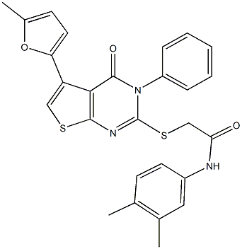 N-(3,4-dimethylphenyl)-2-{[5-(5-methyl-2-furyl)-4-oxo-3-phenyl-3,4-dihydrothieno[2,3-d]pyrimidin-2-yl]sulfanyl}acetamide Struktur