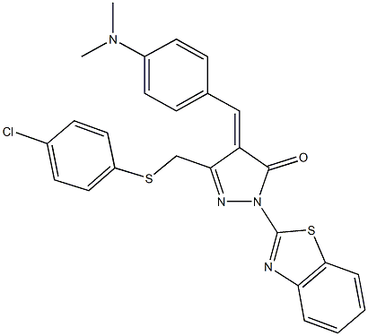 2-(1,3-benzothiazol-2-yl)-5-{[(4-chlorophenyl)sulfanyl]methyl}-4-[4-(dimethylamino)benzylidene]-2,4-dihydro-3H-pyrazol-3-one Struktur