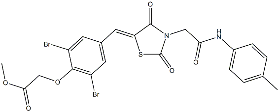 methyl [2,6-dibromo-4-({2,4-dioxo-3-[2-oxo-2-(4-toluidino)ethyl]-1,3-thiazolidin-5-ylidene}methyl)phenoxy]acetate Struktur