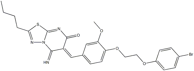 6-{4-[2-(4-bromophenoxy)ethoxy]-3-methoxybenzylidene}-2-butyl-5-imino-5,6-dihydro-7H-[1,3,4]thiadiazolo[3,2-a]pyrimidin-7-one Struktur