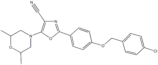 2-{4-[(4-chlorobenzyl)oxy]phenyl}-5-(2,6-dimethyl-4-morpholinyl)-1,3-oxazole-4-carbonitrile Struktur