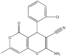 2-amino-4-(2-chlorophenyl)-7-methyl-5-oxo-4H,5H-pyrano[4,3-b]pyran-3-carbonitrile Struktur