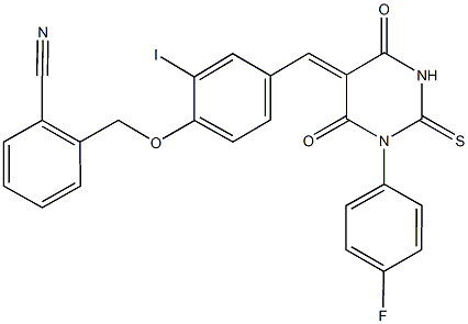 2-({4-[(1-(4-fluorophenyl)-4,6-dioxo-2-thioxotetrahydro-5(2H)-pyrimidinylidene)methyl]-2-iodophenoxy}methyl)benzonitrile Struktur