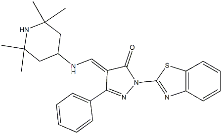 2-(1,3-benzothiazol-2-yl)-5-phenyl-4-{[(2,2,6,6-tetramethyl-4-piperidinyl)amino]methylene}-2,4-dihydro-3H-pyrazol-3-one Struktur