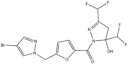 1-{5-[(4-bromo-1H-pyrazol-1-yl)methyl]-2-furoyl}-3,5-bis(difluoromethyl)-4,5-dihydro-1H-pyrazol-5-ol Struktur