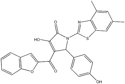 4-(1-benzofuran-2-ylcarbonyl)-1-(4,6-dimethyl-1,3-benzothiazol-2-yl)-3-hydroxy-5-(4-hydroxyphenyl)-1,5-dihydro-2H-pyrrol-2-one Struktur