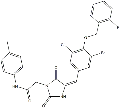 2-(4-{3-bromo-5-chloro-4-[(2-fluorobenzyl)oxy]benzylidene}-2,5-dioxoimidazolidin-1-yl)-N-(4-methylphenyl)acetamide Struktur