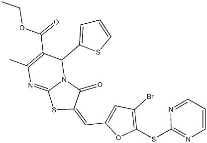 ethyl 2-{[4-bromo-5-(2-pyrimidinylsulfanyl)-2-furyl]methylene}-7-methyl-3-oxo-5-(2-thienyl)-2,3-dihydro-5H-[1,3]thiazolo[3,2-a]pyrimidine-6-carboxylate Struktur