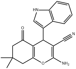 2-amino-4-(1H-indol-3-yl)-7,7-dimethyl-5-oxo-5,6,7,8-tetrahydro-4H-chromene-3-carbonitrile Struktur