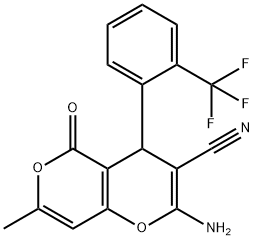 2-amino-7-methyl-5-oxo-4-[2-(trifluoromethyl)phenyl]-4H,5H-pyrano[4,3-b]pyran-3-carbonitrile Struktur