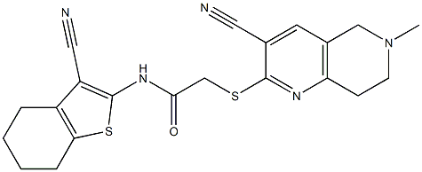 2-[(3-cyano-6-methyl-5,6,7,8-tetrahydro[1,6]naphthyridin-2-yl)sulfanyl]-N-(3-cyano-4,5,6,7-tetrahydro-1-benzothien-2-yl)acetamide Struktur