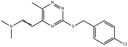 [(E)-2-(3-{[(4-chlorophenyl)methyl]sulfanyl}-6-methyl-1,2,4-triazin-5-yl)ethenyl]dimethylamine Struktur