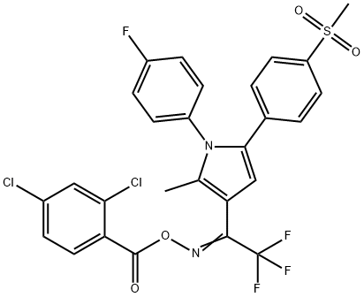 (Z)-{2,2,2-trifluoro-1-[1-(4-fluorophenyl)-5-(4-methanesulfonylphenyl)-2-methyl-1H-pyrrol-3-yl]ethylidene}amino 2,4-dichlorobenzoate Struktur