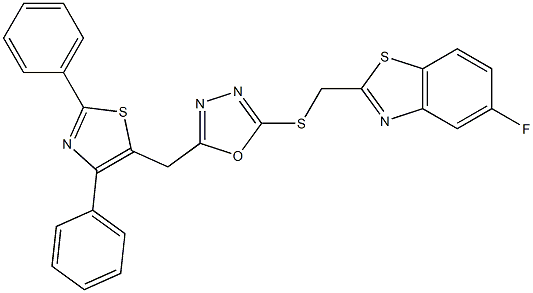 2-[({5-[(2,4-diphenyl-1,3-thiazol-5-yl)methyl]-1,3,4-oxadiazol-2-yl}sulfanyl)methyl]-5-fluoro-1,3-benzothiazole Struktur