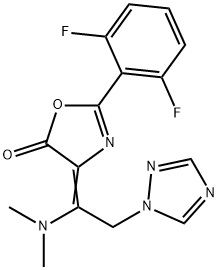 (4E)-2-(2,6-difluorophenyl)-4-[1-(dimethylamino)-2-(1H-1,2,4-triazol-1-yl)ethylidene]-4,5-dihydro-1,3-oxazol-5-one Struktur