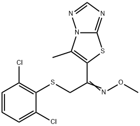 (E)-{2-[(2,6-dichlorophenyl)sulfanyl]-1-{6-methyl-[1,2,4]triazolo[3,2-b][1,3]thiazol-5-yl}ethylidene}(methoxy)amine Struktur