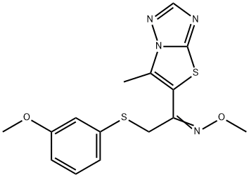 (E)-methoxy({2-[(3-methoxyphenyl)sulfanyl]-1-{6-methyl-[1,2,4]triazolo[3,2-b][1,3]thiazol-5-yl}ethylidene})amine Struktur