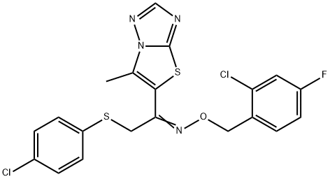 (E)-[(2-chloro-4-fluorophenyl)methoxy]({2-[(4-chlorophenyl)sulfanyl]-1-{6-methyl-[1,2,4]triazolo[3,2-b][1,3]thiazol-5-yl}ethylidene})amine Struktur