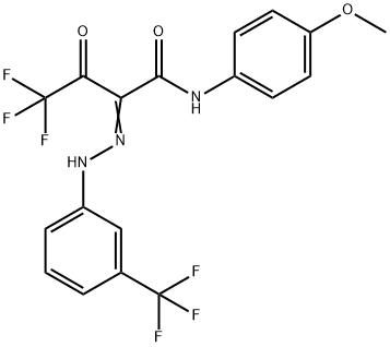 (2E)-4,4,4-trifluoro-N-(4-methoxyphenyl)-3-oxo-2-{2-[3-(trifluoromethyl)phenyl]hydrazin-1-ylidene}butanamide Struktur