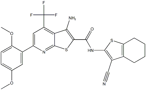 3-amino-N-(3-cyano-4,5,6,7-tetrahydro-1-benzothiophen-2-yl)-6-(2,5-dimethoxyphenyl)-4-(trifluoromethyl)thieno[2,3-b]pyridine-2-carboxamide Struktur