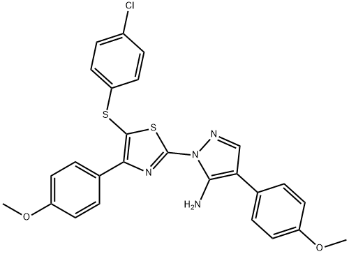 1-[5-[(4-chlorophenyl)sulfanyl]-4-(4-methoxyphenyl)-1,3-thiazol-2-yl]-4-(4-methoxyphenyl)-1H-pyrazol-5-amine, 956977-32-5, 結構式