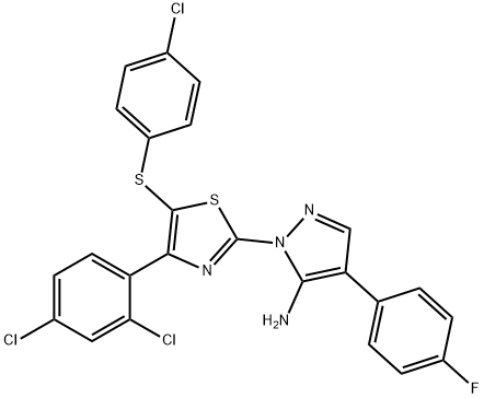 1-[5-[(4-chlorophenyl)sulfanyl]-4-(2,4-dichlorophenyl)-1,3-thiazol-2-yl]-4-(4-fluorophenyl)-1H-pyrazol-5-amine Struktur