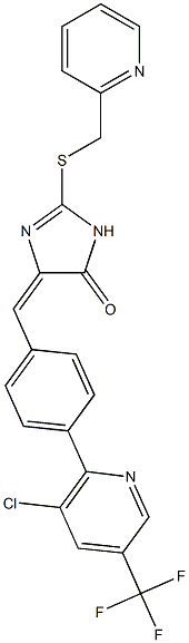 (4E)-4-({4-[3-chloro-5-(trifluoromethyl)pyridin-2-yl]phenyl}methylidene)-2-{[(pyridin-2-yl)methyl]sulfanyl}-4,5-dihydro-1H-imidazol-5-one Struktur