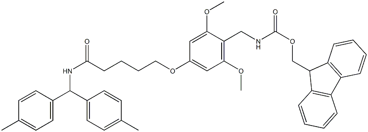 5-(4-Fmoc-aminomethyl-3,5-dimethoxyphenoxy)-pentanoyl amide 4-methyl-benzhydryl polystyrene (100-200 mesh, 0.4-0.8 mmol Struktur