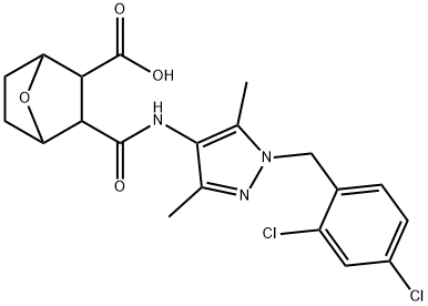 2-[[1-[(2,4-dichlorophenyl)methyl]-3,5-dimethylpyrazol-4-yl]carbamoyl]-7-oxabicyclo[2.2.1]heptane-3-carboxylic acid Struktur