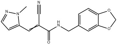 (Z)-N-(1,3-benzodioxol-5-ylmethyl)-2-cyano-3-(2-methylpyrazol-3-yl)prop-2-enamide Struktur