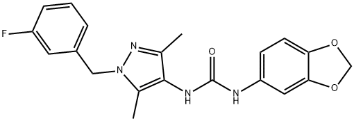 1-(1,3-benzodioxol-5-yl)-3-[1-[(3-fluorophenyl)methyl]-3,5-dimethylpyrazol-4-yl]urea Struktur