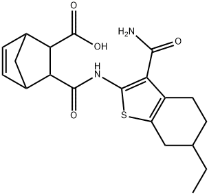 2-[(3-carbamoyl-6-ethyl-4,5,6,7-tetrahydro-1-benzothiophen-2-yl)carbamoyl]bicyclo[2.2.1]hept-5-ene-3-carboxylic acid Struktur