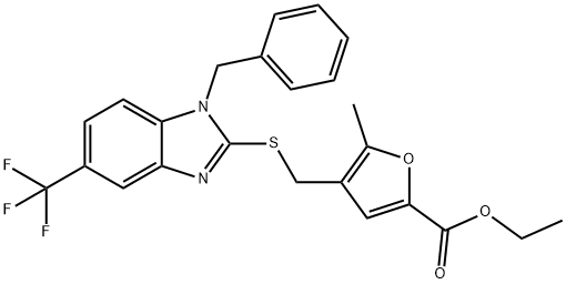 ethyl 4-[[1-benzyl-5-(trifluoromethyl)benzimidazol-2-yl]sulfanylmethyl]-5-methylfuran-2-carboxylate Struktur