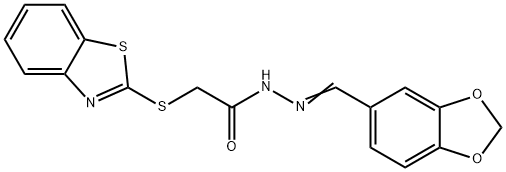 N-[(E)-1,3-benzodioxol-5-ylmethylideneamino]-2-(1,3-benzothiazol-2-ylsulfanyl)acetamide Struktur