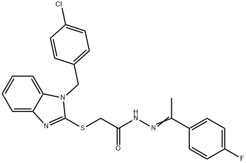 2-[1-[(4-chlorophenyl)methyl]benzimidazol-2-yl]sulfanyl-N-[(Z)-1-(4-fluorophenyl)ethylideneamino]acetamide Struktur