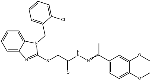 2-[1-[(2-chlorophenyl)methyl]benzimidazol-2-yl]sulfanyl-N-[(E)-1-(3,4-dimethoxyphenyl)ethylideneamino]acetamide Struktur