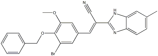 (Z)-3-(3-bromo-5-methoxy-4-phenylmethoxyphenyl)-2-(6-methyl-1H-benzimidazol-2-yl)prop-2-enenitrile Struktur