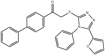 2-[[5-(furan-2-yl)-4-phenyl-1,2,4-triazol-3-yl]sulfanyl]-1-(4-phenylphenyl)ethanone Struktur