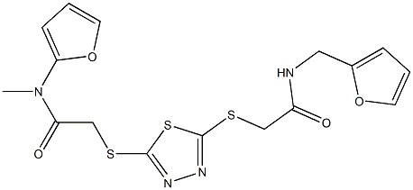 N-(furan-2-ylmethyl)-2-[[5-[2-(furan-2-ylmethylamino)-2-oxoethyl]sulfanyl-1,3,4-thiadiazol-2-yl]sulfanyl]acetamide Struktur