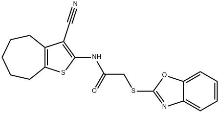 2-(1,3-benzoxazol-2-ylsulfanyl)-N-(3-cyano-5,6,7,8-tetrahydro-4H-cyclohepta[b]thiophen-2-yl)acetamide Struktur