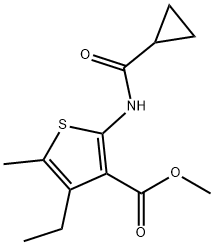 methyl 2-(cyclopropanecarbonylamino)-4-ethyl-5-methylthiophene-3-carboxylate Struktur