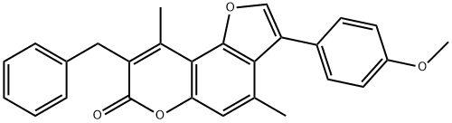 8-benzyl-3-(4-methoxyphenyl)-4,9-dimethylfuro[2,3-f]chromen-7-one Struktur