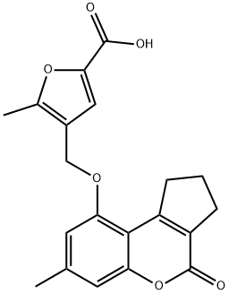 5-methyl-4-[(7-methyl-4-oxo-2,3-dihydro-1H-cyclopenta[c]chromen-9-yl)oxymethyl]furan-2-carboxylic acid Struktur