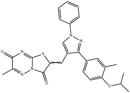 (2Z)-6-methyl-2-[[3-(3-methyl-4-propan-2-yloxyphenyl)-1-phenylpyrazol-4-yl]methylidene]-[1,3]thiazolo[3,2-b][1,2,4]triazine-3,7-dione Struktur